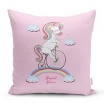 - Rh-K4338p - Realhomes Realhomes Pembe Zeminde Bisiklet ve Unicorn Tasarımlı Modern Yastık Kırlent Kılıfı Realhomes