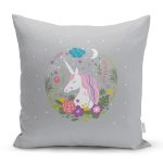 Realhomes Gri Zeminde Unicorn At Desenli Modern Yastık Kırlent Kılıfı Realhomes