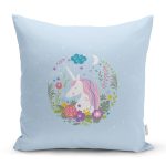 Realhomes Mavi Zeminde Unicorn At Desenli Modern Yastık Kırlent Kılıfı Realhomes