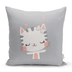 - Rh-K4350g - Realhomes Gri Zeminde Sevimli Kedicik Desenli Modern Yastık Kırlent Kılıfı Realhomes