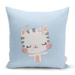 - Rh-K4350m - Realhomes Mavi Zeminde Sevimli Kedicik Desenli Modern Yastık Kırlent Kılıfı Realhomes