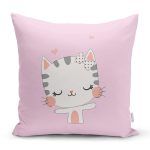 - Rh-K4350p - Realhomes  Pembe Zeminde Sevimli Kedicik Desenli Modern Yastık Kırlent Kılıfı Realhomes