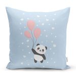 - Rh-K4353m - Realhomes Mavi Zemin Uçan Balonlar ve Sevimli Panda Desenli Modern Yastık Kırlent Kılıfı Realhomes