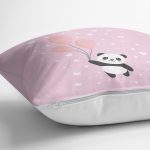 Pembe Zemin Uçan Balonlar ve Sevimli Panda Desenli Modern Yastık Kırlent Kılıfı Realhomes