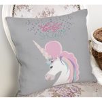 - Rh-K4356g-1 - Realhomes Gri Zeminde Baby Shower Unicorn At Tasarımlı Modern Yastık Kırlent Kılıfı Realhomes