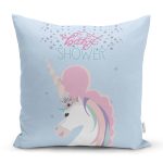 - Rh-K4356m - Realhomes Mavi Zeminde Baby Shower Unicorn At Tasarımlı Modern Yastık Kırlent Kılıfı Realhomes