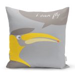 - Rh-K4377g - Realhomes Gri Zeminde I Can Fly Leylek Motifli Bebek Odası Yastık Kırlent Kılıfı Realhomes