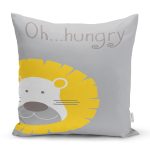 - Rh-K4381g - Realhomes  Gri Zeminde Hungry Aslan Motifli Dijital Baskılı Bebek Odası Kırlent Kılıfı Realhomes