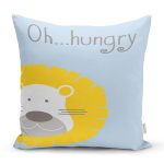 Mavi Zeminde Hungry Aslan Motifli Dijital Baskılı Bebek Odası Yastık Kılıfı Realhomes