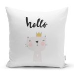 - Rh-K4383b - Realhomes Beyaz Zeminde Hello Kedicik Özel Tasarımlı Modern Yastık Kırlent Kılıfı Realhomes