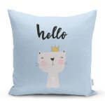 - Rh-K4383m - Realhomes Mavi Zeminde Hello Kedicik Özel Tasarımlı Modern Yastık Kırlent Kılıfı Realhomes