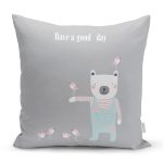 - Rh-K4391g - Realhomes Gri Zeminde Ayıcık Bebek Odası Yastık Kırlent Kılıfı Realhomes