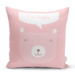 - Rh-K4404 - Realhomes Pembe Zeminde Mutlu Ayıcık Desenli Bebek Odası Yastık Kırlent Kılıfı Realhomes