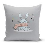 Realhomes Gri Zeminde Atkılı Tavşan Motifli Modern Yastık Kırlent Kılıfı Realhomes