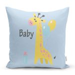 - Rh-K4477m - Realhomes Mavi Zemin Balon Ve Zürafa Desenli Temalı Sevimli Ayıcık Çocuk Odası Yastık Kırlent Kılıfı Realhomes
