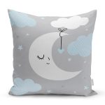Gri Zemin Mavi Bulut ve Gri Ay Tasarımlı Bebek Odası Yastık Kırlent Kılıfı Realhomes
