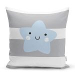 - Rh-K4500g - Realhomes Realhomes Gri Çizgiler Üzerine Mavi Yıldız Tasarımlı Modern Yastık Kırlent Kılıfı Realhomes