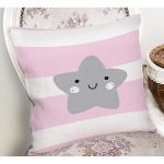 Realhomes Pembe Çizgiler Üzerine Gri Yıldız Tasarımlı Modern Yastık Kırlent Kılıfı Realhomes