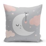 - Rh-K4502g - Realhomes Gri Zeminde Ay ve Bulut Desenli Bebek Odası Yastık Kırlent Kılıfı Realhomes