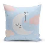 Mavi Zeminde Ay ve Bulut Desenli Bebek Odası Yastık Kırlent Kılıfı Realhomes