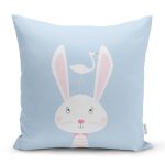 - Rh-K4512m - Realhomes Mavi Zemin Sevimli Tavşan Ve Leylek Desenli Dijital Baskılı Çocuk Odası Yastık Kırlent Kılıfı Realhomes