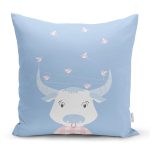 - Rh-K4516m - Realhomes Mavi Zemin Sevimli İnek Ve Kuş Özel Tasarımlı Dijital Baskılı Çocuk Odası Yastık Kırlent Kılıfı Realhomes