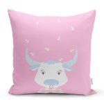 Pembe Zemin Sevimli İnek Ve Kuş Özel Tasarımlı Dijital Baskılı Çocuk Odası Yastık Kırlent Kılıfı Realhomes