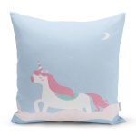 - Rh-K4547m - Realhomes  Mavi Zeminli Unicorn Desenli Özel Tasarımlı Dijital Baskılı Çocuk Odası Yastık Kırlent Kılıfı Realhomes