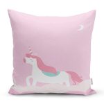Pembe Zeminli Unicorn Desenli Özel Tasarımlı Dijital Baskılı Çocuk Odası Yastık Kırlent Kılıfı Realhomes
