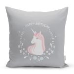 Realhomes Gri Zeminde Unicorn At Tasarımlı Modern Yastık Kırlent Kılıfı Realhomes
