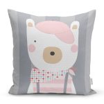 - Rh-K4669g - Realhomes Gri Çizgili Zemin Şapkalı Ayıcık Desenli Dijital Baskılı Modern Yastık Kırlent Kılıfı Realhomes