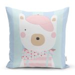 - Rh-K4669m - Realhomes Mavi Çizgili Zemin Şapkalı Ayıcık Desenli Dijital Baskılı Modern Yastık Kırlent Kılıfı Realhomes