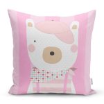 - Rh-K4669p - Realhomes Pembe Çizgili Zemin Şapkalı Ayıcık Desenli Dijital Baskılı Modern Yastık Kırlent Kılıfı Realhomes