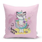- Rh-K4681p - Realhomes Pembe Zemin Tatil Temalı Sevimli Kedi Desenli Dijital Baskılı Modern Yastık Kırlent Kılıfı Realhomes