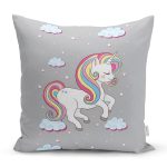 - Rh-K4690g - Realhomes Gri Zeminde Uyuyan Unicorn Desenli Dijital Baskılı Modern Yastık Kırlent Kılıfı Realhomes