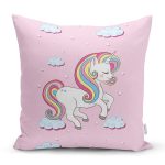 Pembe Zeminde Uyuyan Unicorn Desenli Dijital Baskılı Modern Yastık Kırlent Kılıfı Realhomes