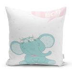- Rh-K4709b - Realhomes Beyaz Zeminde Sevimli Fil Desenli Dijital Baskılı Çocuk Odası Yastık Kırlent Kılıfı Realhomes