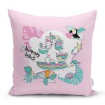 - Rh-K4726p - Realhomes Pembe Zeminde Tatil Temalı Unicorn Desenli Dijital Baskılı Modern Yastık Kırlent Kılıfı Realhomes