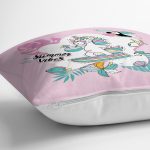 - Rh-K4726p-2 - Realhomes Pembe Zeminde Tatil Temalı Unicorn Desenli Dijital Baskılı Modern Yastık Kırlent Kılıfı Realhomes