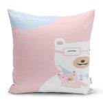 - Rh-K4802 - Realhomes  Pembe Zeminde Anne Ve Yavru Ayı Baby Shower Dijital Baskılı Çocuk Odası Yastık Kırlent Kılıfı Realhomes