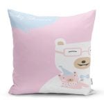 - Rh-K4803 - Realhomes Pembe Zeminde Anne Ve Yavru Ayı Baby Shower Dijital Baskılı Çocuk Odası Yastık Kırlent Kılıfı Realhomes