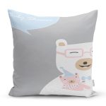 - Rh-K4804 - Realhomes Gri Zeminde Anne Ve Yavru Ayı Baby Shower Dijital Baskılı Çocuk Odası Yastık Kırlent Kılıfı Realhomes
