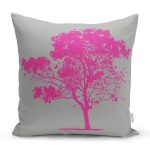 - Rh-K5230fusya - Realhomes Gri Zeminde Dekoratif Fuşya Ağaç Tasarımlı Kırlent Kılıfı Realhomes