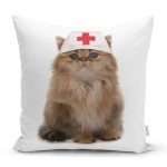Hemşire Şapkalı Sevimli Kedi Dijital Baskılı Modern Yastık Kırlent Kılıfı Realhomes