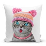 - Rh-K5639 - Realhomes Şapkalı Mavi Gözlü Sevimli Kedi Dijital Baskılı Kırlent Kılıfı Realhomes