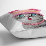 - Rh-K5639-2 - Realhomes Şapkalı Mavi Gözlü Sevimli Kedi Dijital Baskılı Kırlent Kılıfı Realhomes