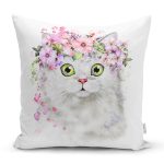 Çiçekli Kedi Motifli Dijital Baskılı Modern Yastık Kırlent Kılıfı Realhomes