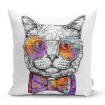 - Rh-K5659 - Realhomes Renkli Gözlüklü Siyah Beyaz Kedi Dijital Baskılı Modern Yastık Kırlent Kılıfı Realhomes
