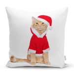 - Rh-K5670 - Realhomes Yılbaşı Kıyafetli Kedi Desenli Dijital Baskılı Modern Yastık Kırlent Kılıfı Realhomes