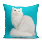 Mavi Zeminde Beyaz Kedi Desenli Modern Yastık Kırlent Kılıfı Realhomes